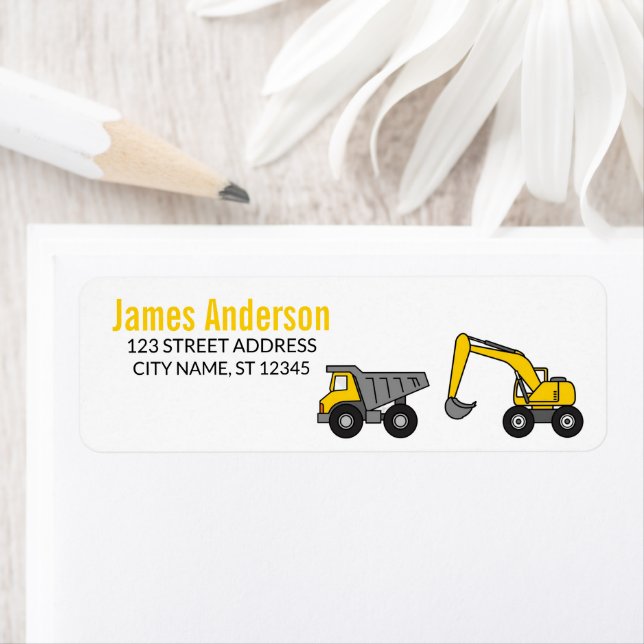 Trendy Yellow Construction Trucks Return Address   Label (Insitu)