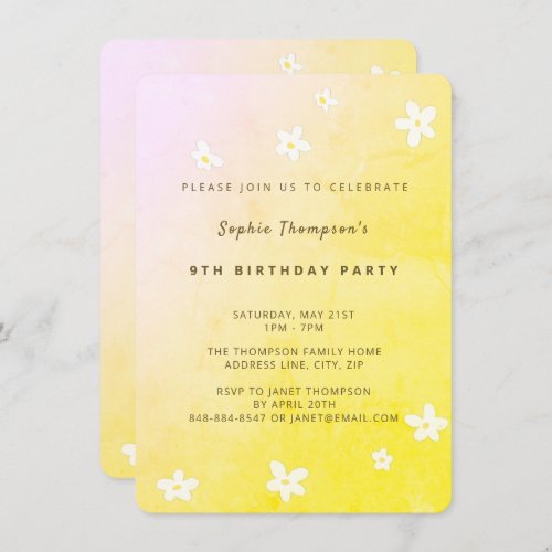 Trendy Yellow Cute Daisies Girl Birthday Party Invitation