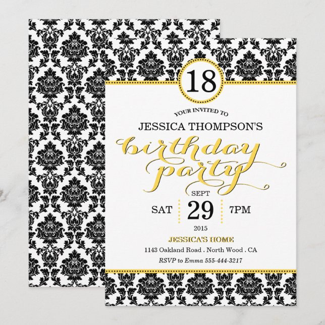 Trendy Yellow Damask Birthday Party Invitations (Front/Back)