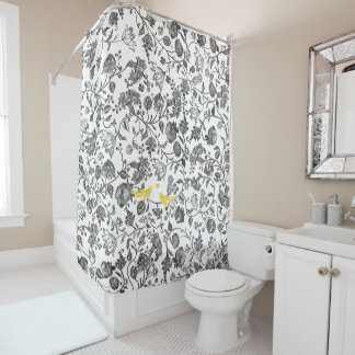 Trendy Yellow Gray and White Floral Bird Pattern Shower Curtain