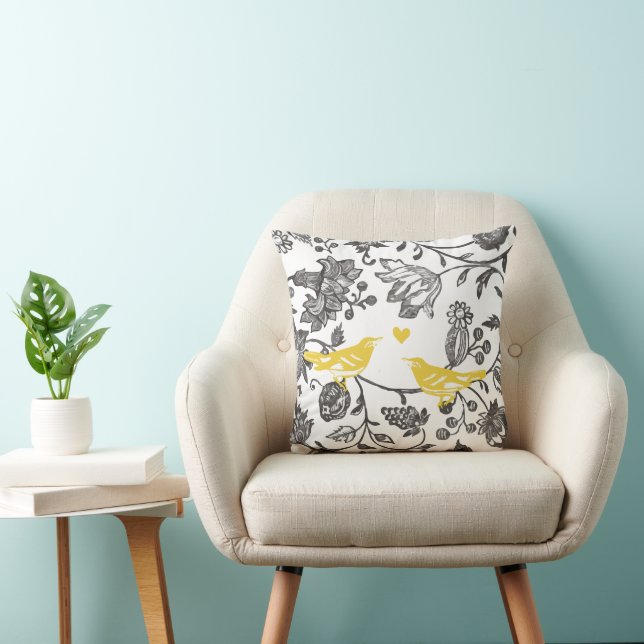 Trendy Yellow Gray and White Floral Bird Pattern Throw Pillow (Chair)