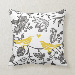 Trendy Yellow Gray and White Floral Bird Pattern Throw Pillow