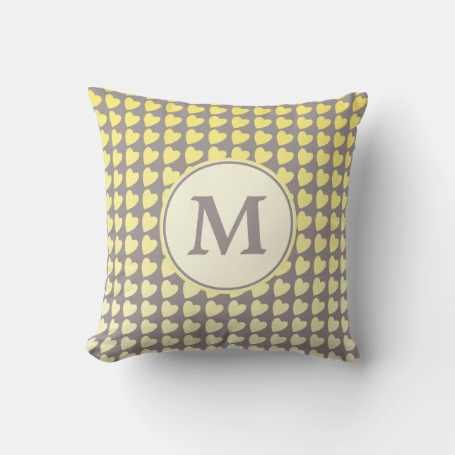 Trendy Yellow Gray Heart Gradient Pattern Monogram Throw Pillow (Front)