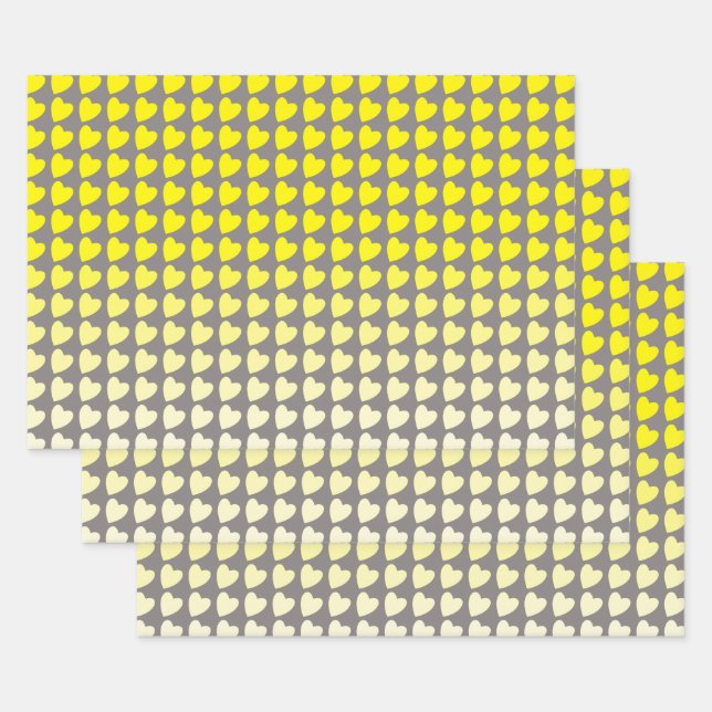 Trendy Yellow Gray Heart Pattern Gradient Wrapping Paper Sheets (Set)