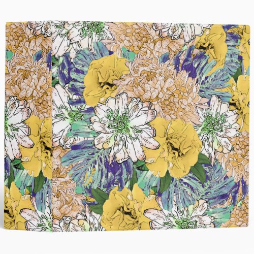 Trendy Yellow  Green Floral Girly Illustration 3 Ring Binder