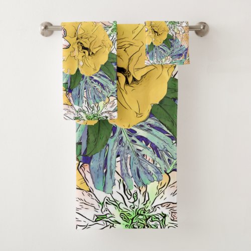 Trendy Yellow  Green Floral Girly Illustration Bath Towel Set