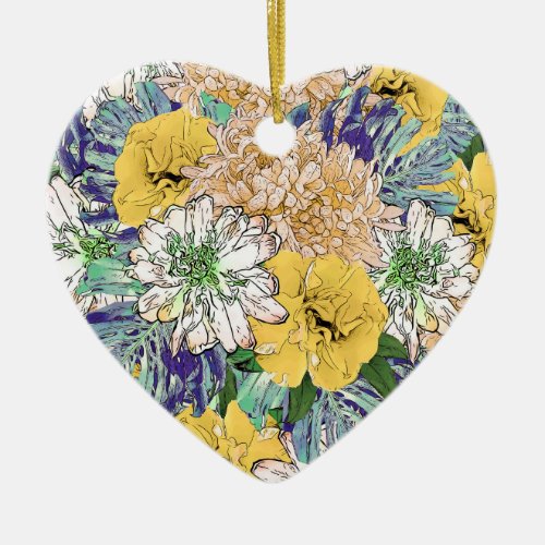 Trendy Yellow  Green Floral Girly Illustration Ceramic Ornament