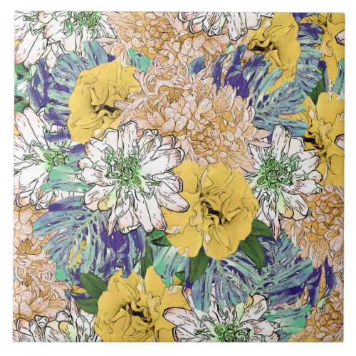 Trendy Yellow  Green Floral Girly Illustration Ceramic Tile