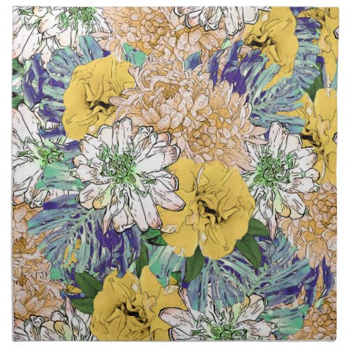 Trendy Yellow  Green Floral Girly Illustration Cloth Napkin