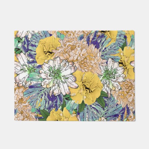 Trendy Yellow  Green Floral Girly Illustration Doormat