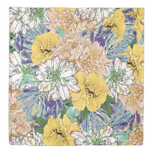 Trendy Yellow  Green Floral Girly Illustration Duvet Cover