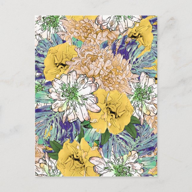 Trendy Yellow & Green Floral Girly Illustration Holiday Postcard (Front)