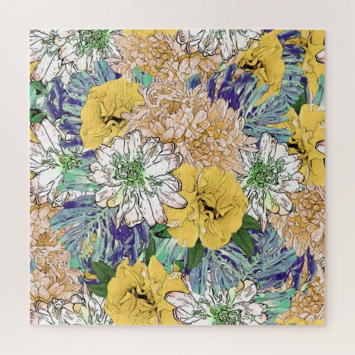 Trendy Yellow  Green Floral Girly Illustration Jigsaw Puzzle
