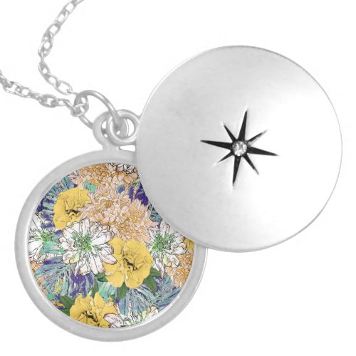 Trendy Yellow  Green Floral Girly Illustration Locket Necklace