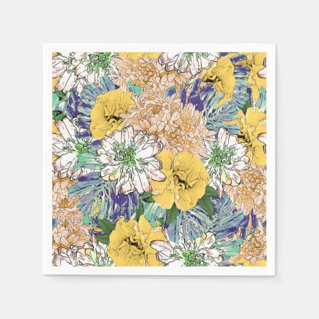 Trendy Yellow & Green Floral Girly Illustration Napkins (Front)