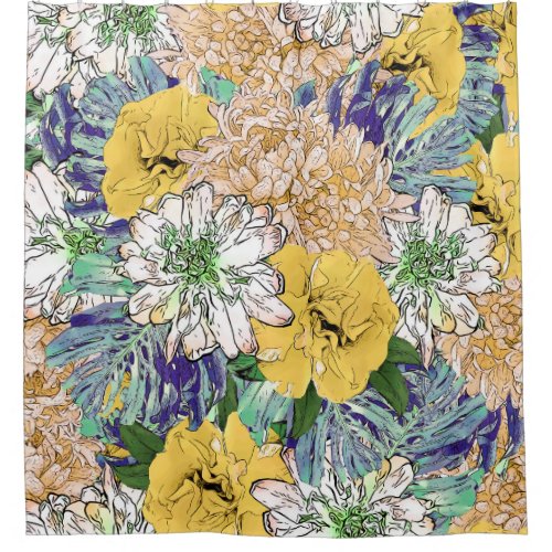 Trendy Yellow  Green Floral Girly Illustration Shower Curtain