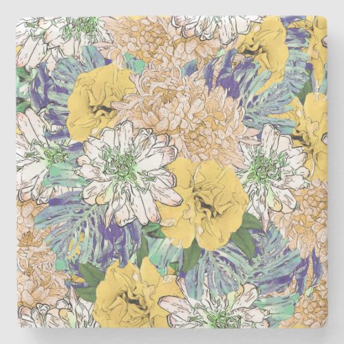Trendy Yellow  Green Floral Girly Illustration Stone Coaster