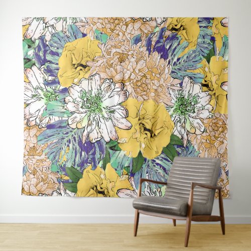 Trendy Yellow  Green Floral Girly Illustration Tapestry