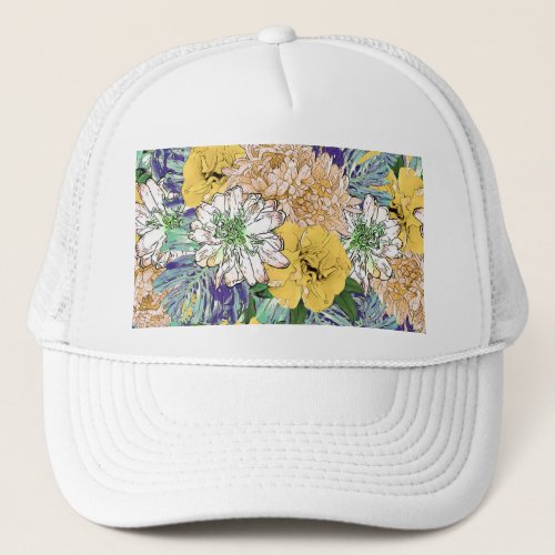 Trendy Yellow  Green Floral Girly Illustration Trucker Hat