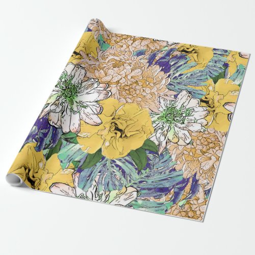 Trendy Yellow  Green Floral Girly Illustration Wrapping Paper