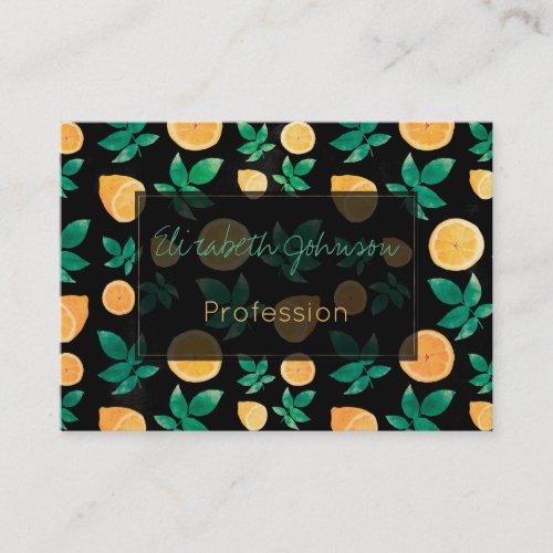 Trendy Yellow Lemon Fruit  Leaves Black Pattern Business Card