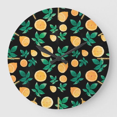 Trendy Yellow Lemon Fruit  Leaves Black Pattern C Large Clock