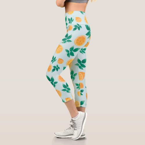 Trendy Yellow Lemon Fruit  Leaves Mint Pattern Capri Leggings