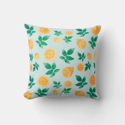 Trendy Yellow Lemon Fruit  Leaves Mint Pattern Throw Pillow