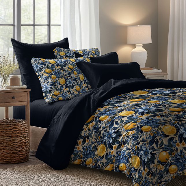Trendy yellow lemons blue flowers Mediterranean Duvet Cover (Trendy yellow lemons blue flowers Mediterranean Duvet Cover)