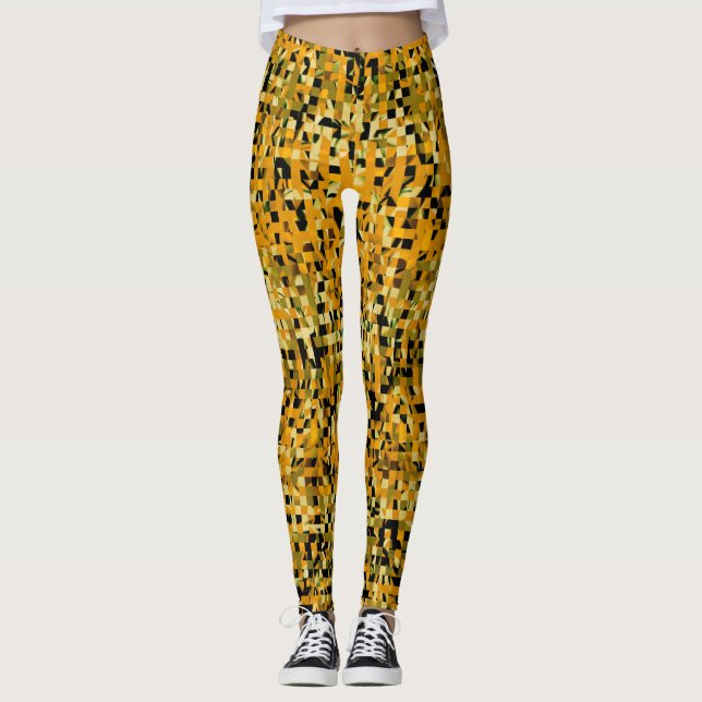 Trendy Yellow Orange Green Black Pixel Pattern Leggings (Front)
