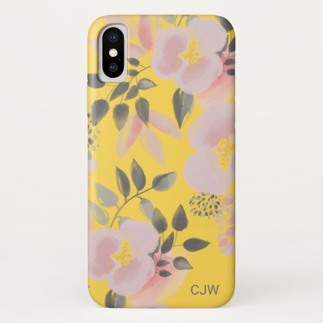 Trendy Yellow Pink Floral Pattern with Monogram Case-Mate iPhone Case (Back)