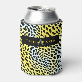 Trendy Yellow Safari Jaguar Print Pattern Monogram Can Cooler