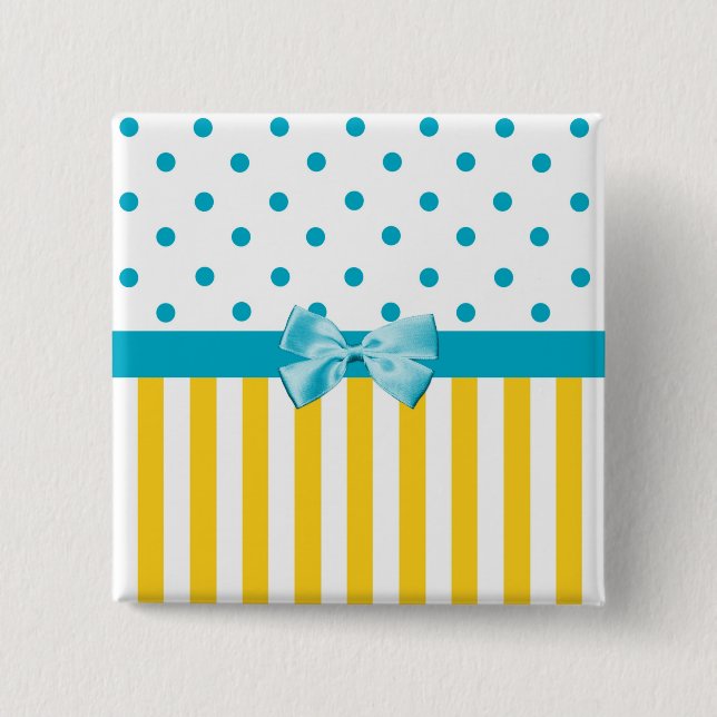 Trendy Yellow Stripes With Blue Ribbon Pinback Button (Front)