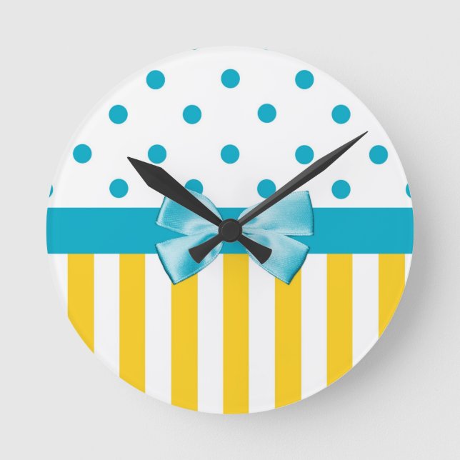 Trendy Yellow Stripes With Blue Ribbon Round Clock (Front)