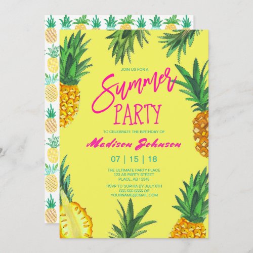 Trendy Yellow Summer Party  Pineapple Invitation