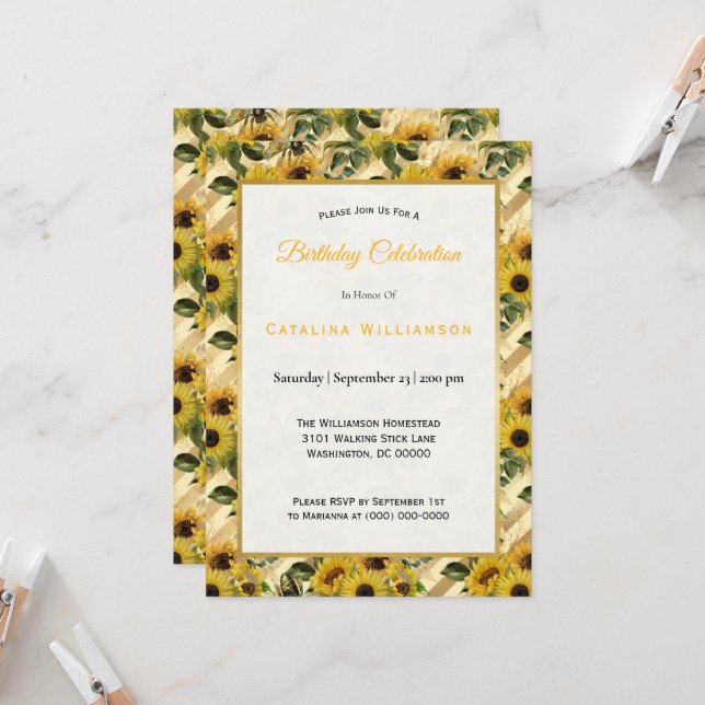 Trendy Yellow Sunflower Bees Stripe Birthday Invitation (Front/Back In Situ)