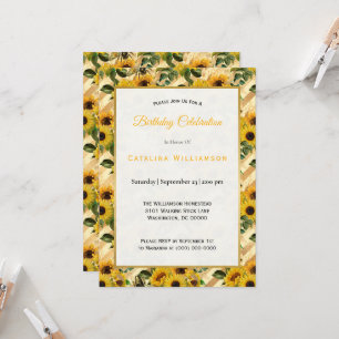Trendy Yellow Sunflower Bees Stripe Birthday Invitation