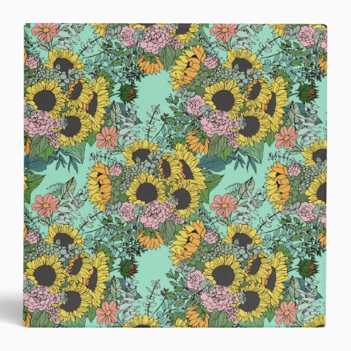 Trendy yellow sunflowers and pink roses design 3 ring binder