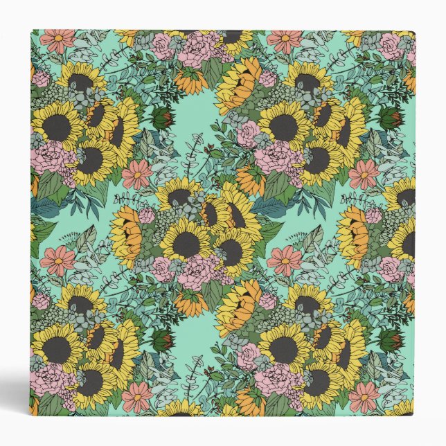 Trendy yellow sunflowers and pink roses design 3 ring binder (Front)
