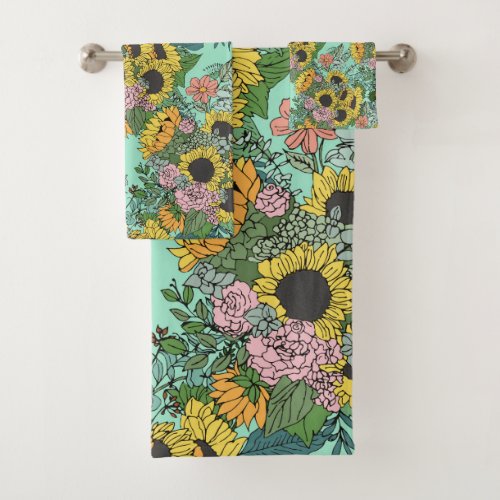 Trendy yellow sunflowers and pink roses design bath towel set