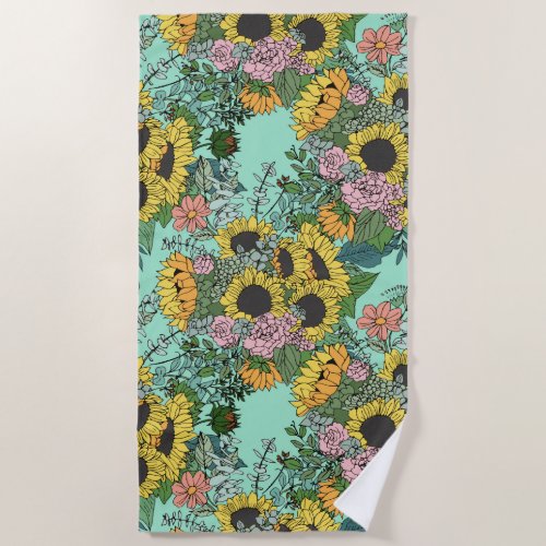 Trendy yellow sunflowers and pink roses design beach towel