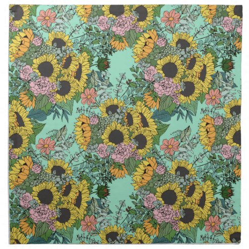 Trendy yellow sunflowers and pink roses design cloth napkin