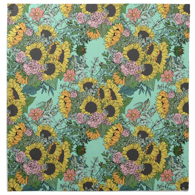 Trendy yellow sunflowers and pink roses design cloth napkin (Front)