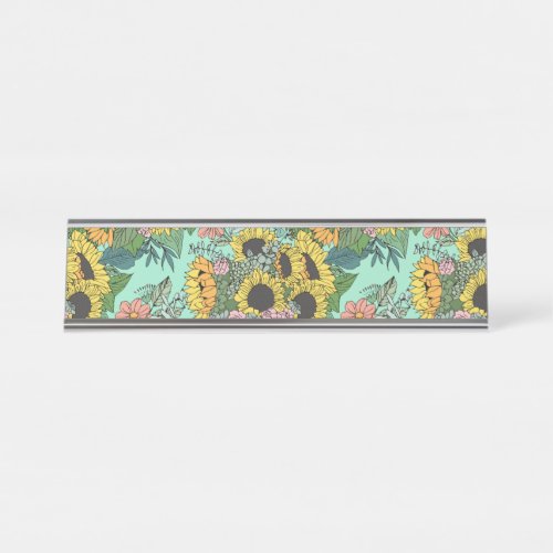 Trendy yellow sunflowers and pink roses design desk name plate