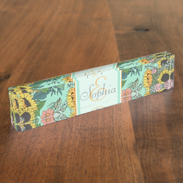 Trendy yellow sunflowers and pink roses design desk name plate (Side)