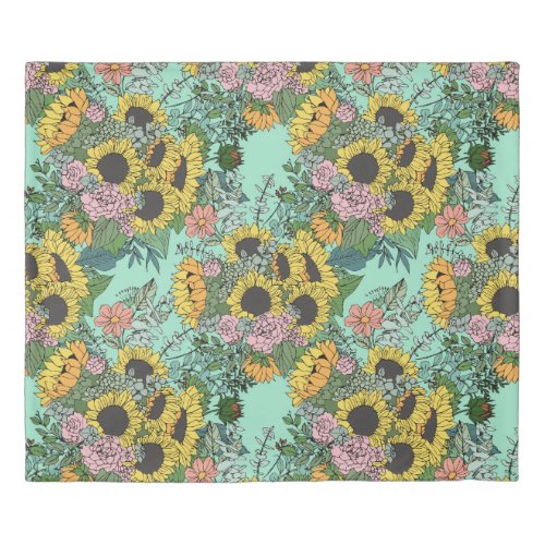 Trendy yellow sunflowers and pink roses design duvet cover