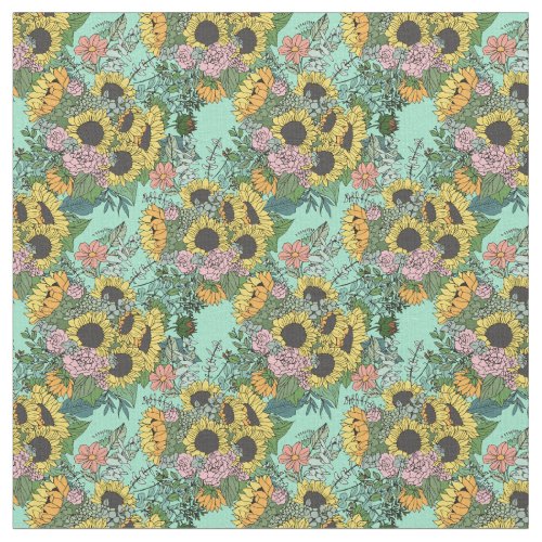 Trendy yellow sunflowers and pink roses design fabric