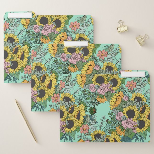 Trendy yellow sunflowers and pink roses design file folder (Set)