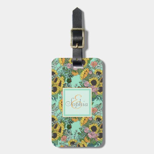 Trendy yellow sunflowers and pink roses design luggage tag