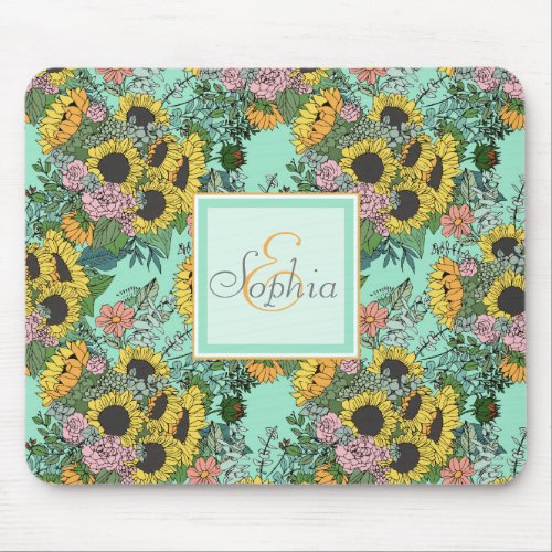 Trendy yellow sunflowers and pink roses design mouse pad